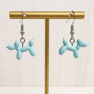 3D Printed Blue Balloon Dog Dangle Earrings Unique Design Fun Fashion Accessory